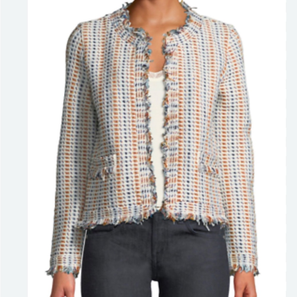 Tory Burch Hollis Cardigan Lady Jacket Multicolor Tweed Pattern Fringe Trim XS